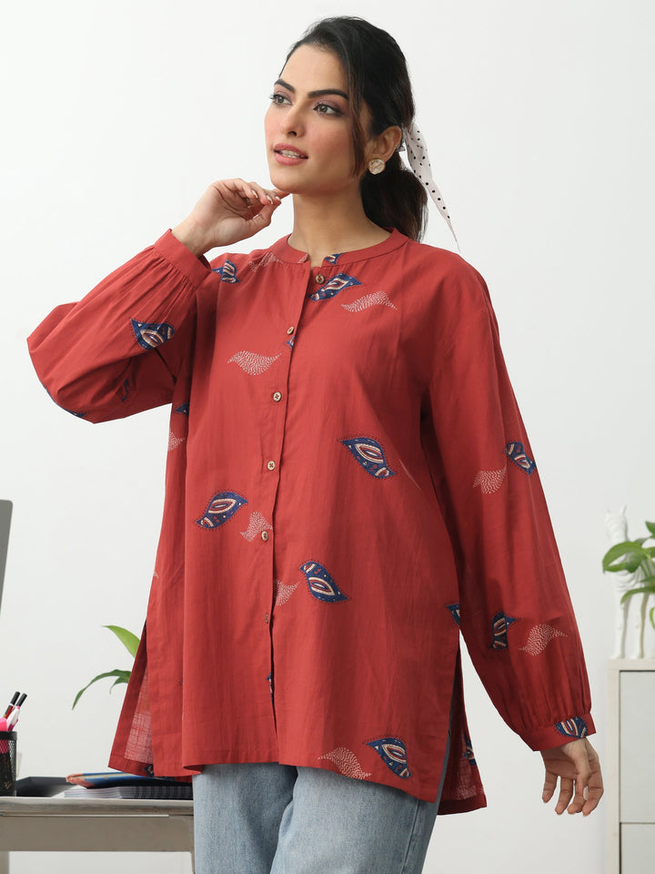 Rust Ethnic Motifs Printed Cotton Shirt