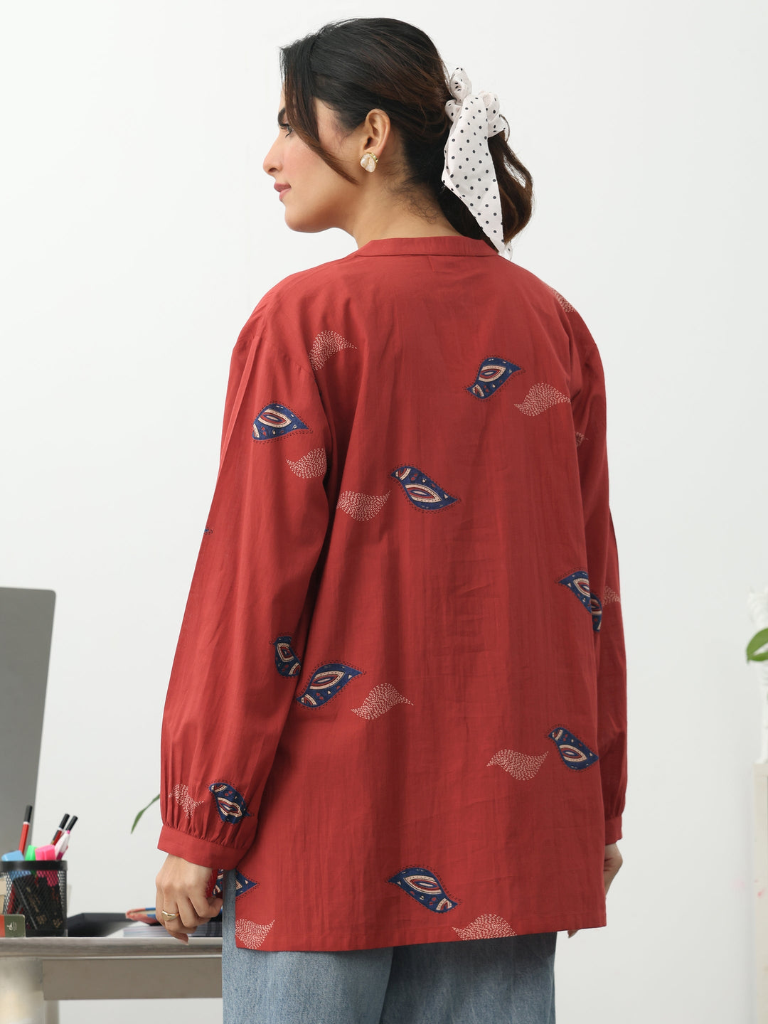 Rust Ethnic Motifs Printed Cotton Shirt