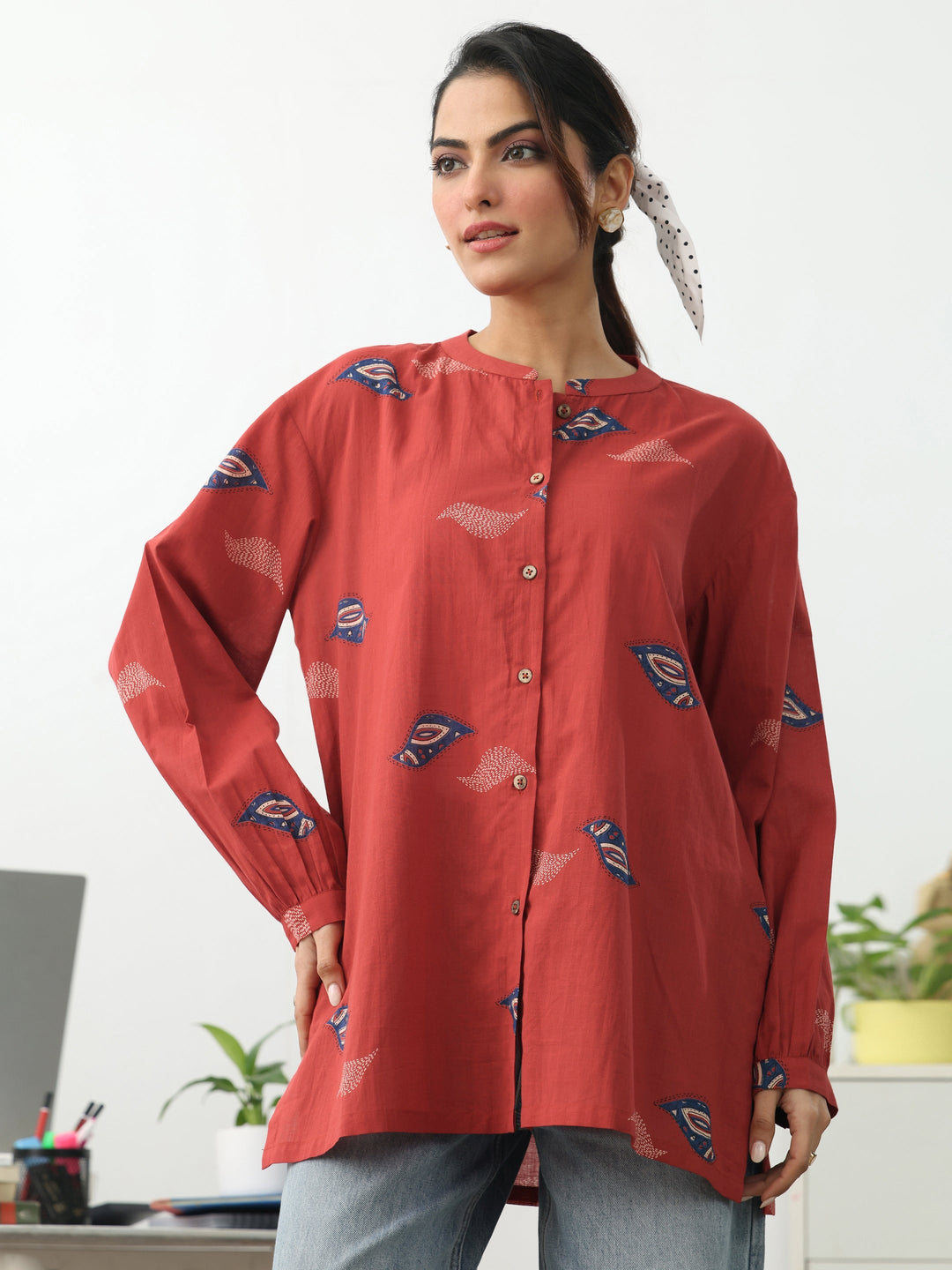 Rust Ethnic Motifs Printed Cotton Shirt