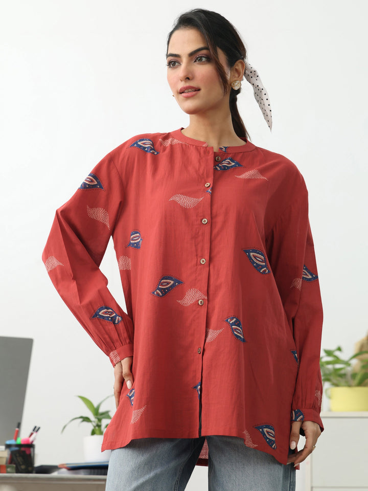 Rust Ethnic Motifs Printed Cotton Shirt