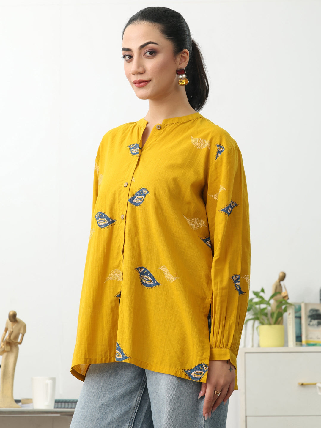 Mustard Ethnic Motifs Printed Cotton Shirt