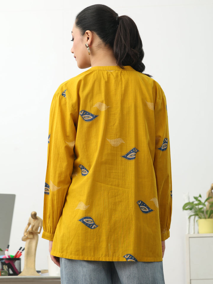 Mustard Ethnic Motifs Printed Cotton Shirt