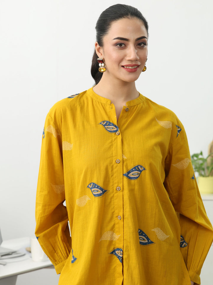 Mustard Ethnic Motifs Printed Cotton Shirt