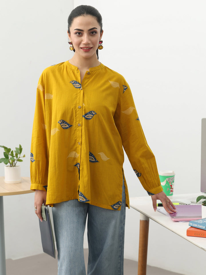 Mustard Ethnic Motifs Printed Cotton Shirt