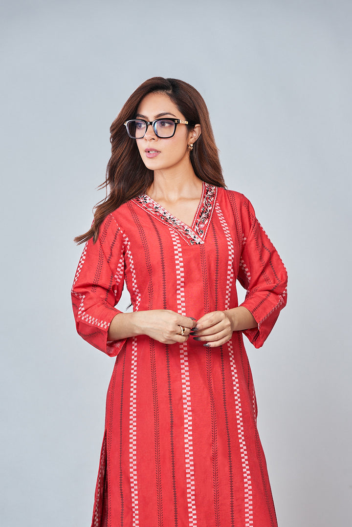 Red Striped Woven Design Cotton Blend Straight Kurta