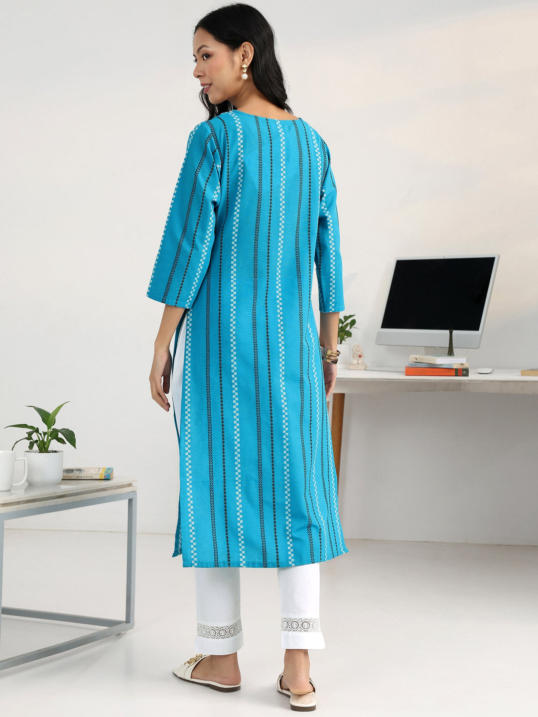 Blue Striped Woven Design Cotton Blend Straight Kurta