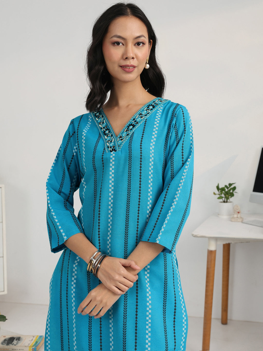 Blue Striped Woven Design Cotton Blend Straight Kurta