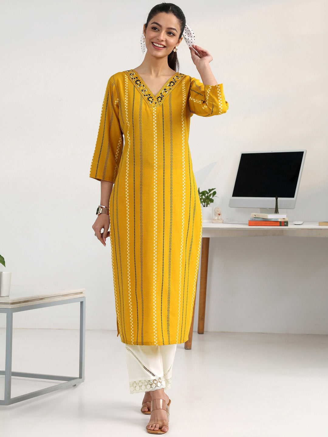 Yellow Striped Woven Design Cotton  Blend Straight Kurta