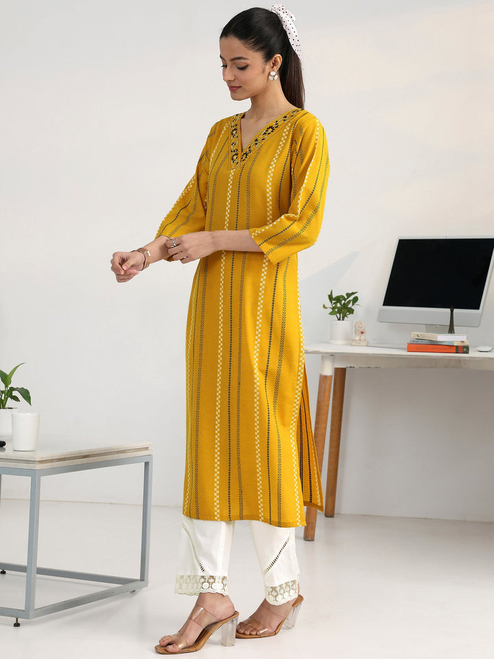 Yellow Striped Woven Design Cotton  Blend Straight Kurta