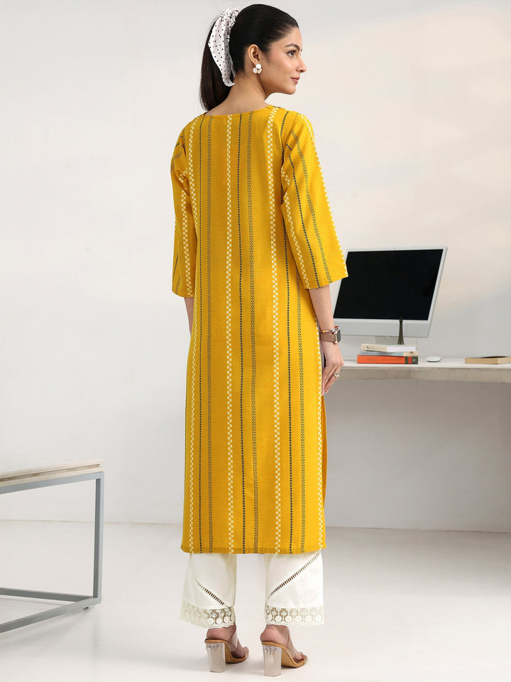 Yellow Striped Woven Design Cotton  Blend Straight Kurta