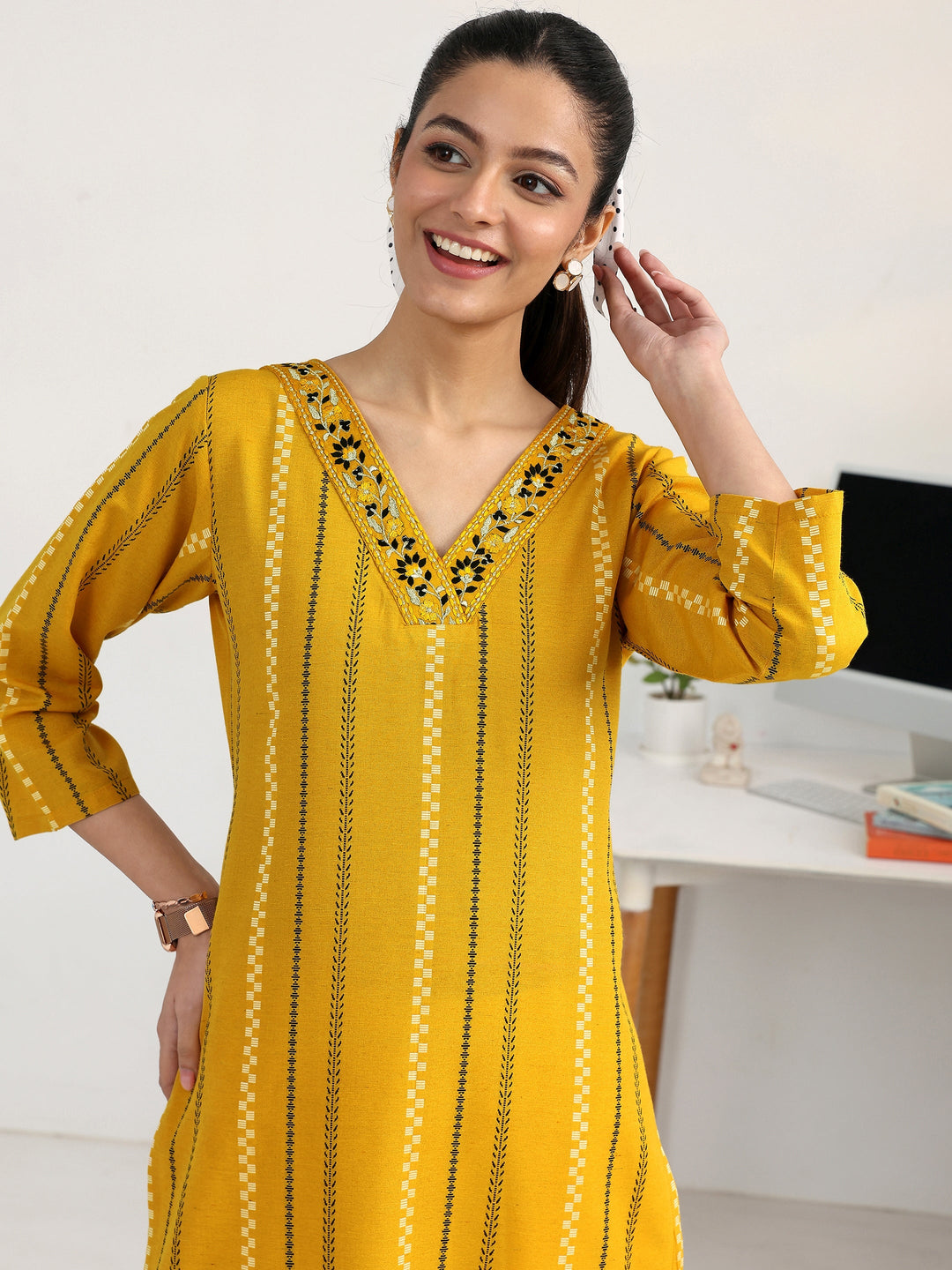 Yellow Striped Woven Design Cotton  Blend Straight Kurta