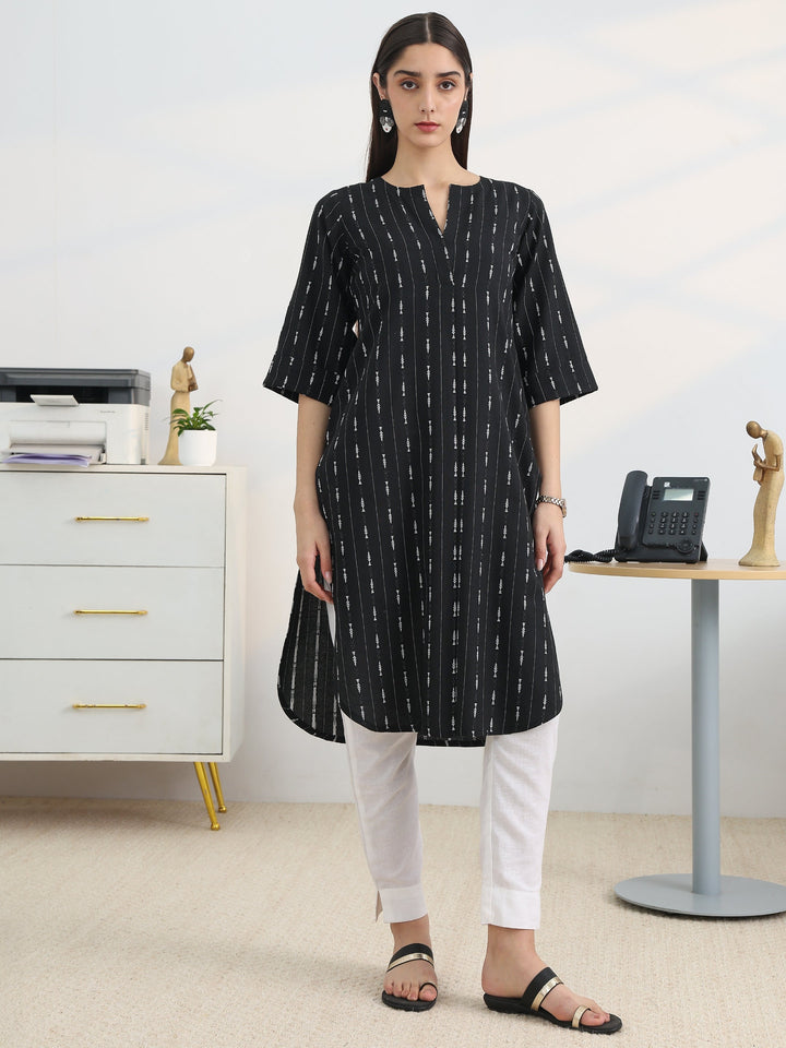 Black Woven Design Cotton Straight Kurta