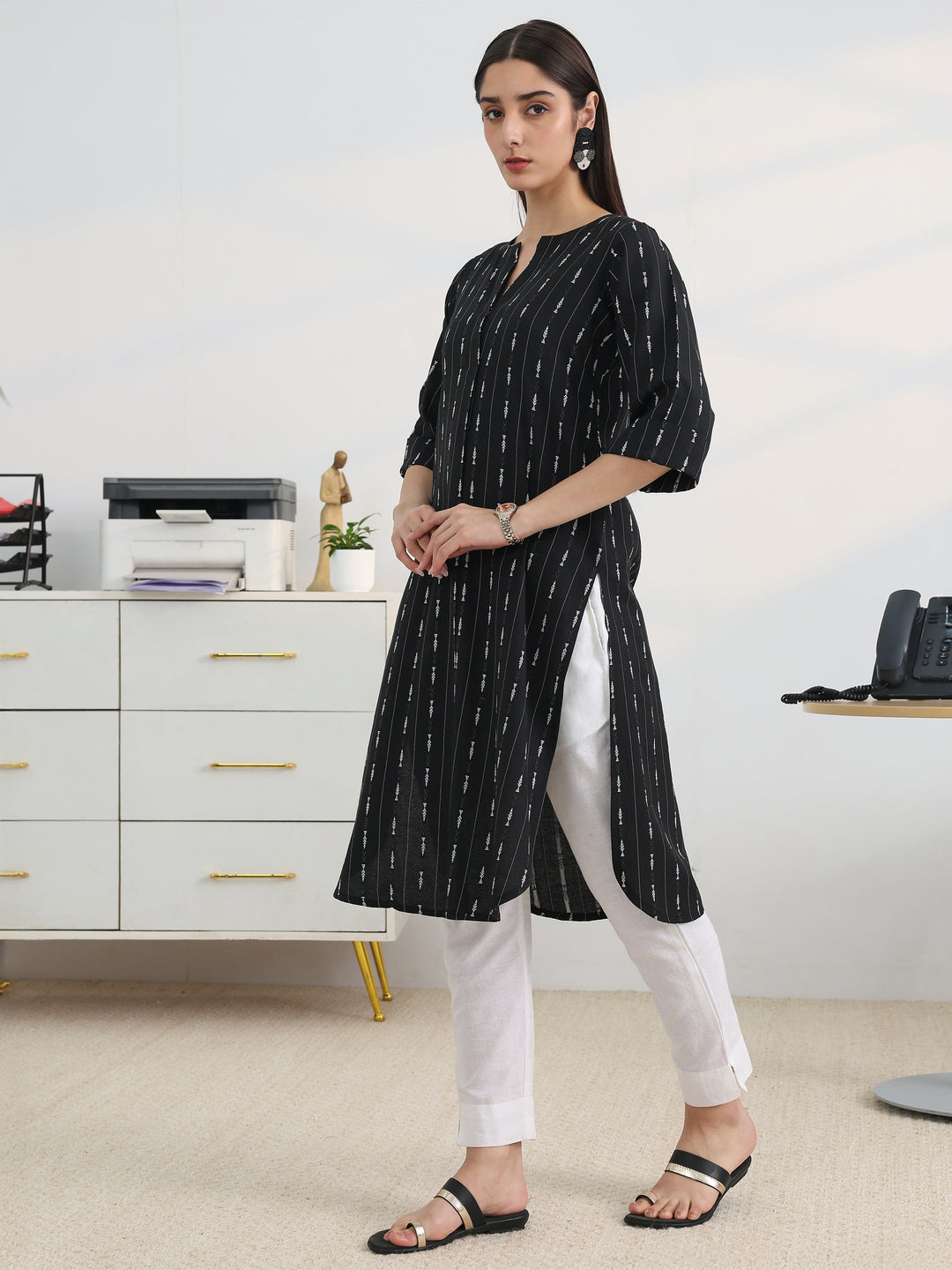 Black Woven Design Cotton Straight Kurta