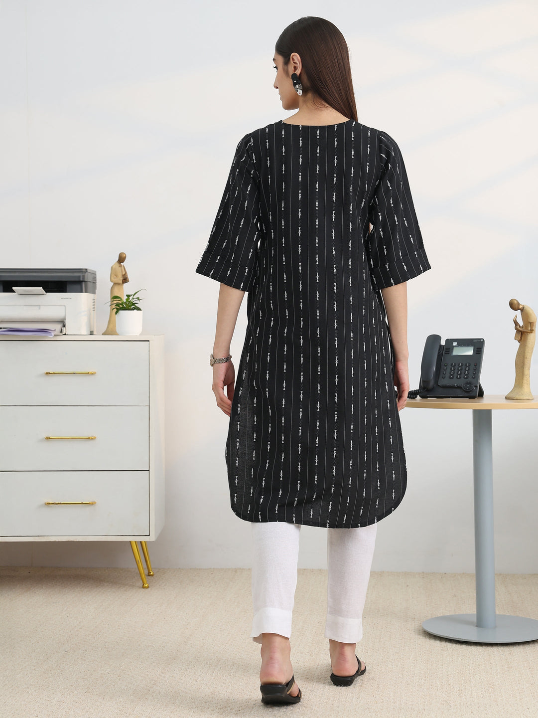 Black Woven Design Cotton Straight Kurta