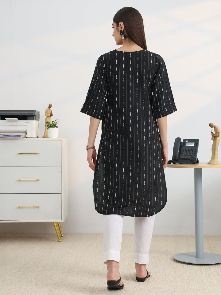 Black Woven Design Cotton Straight Kurta