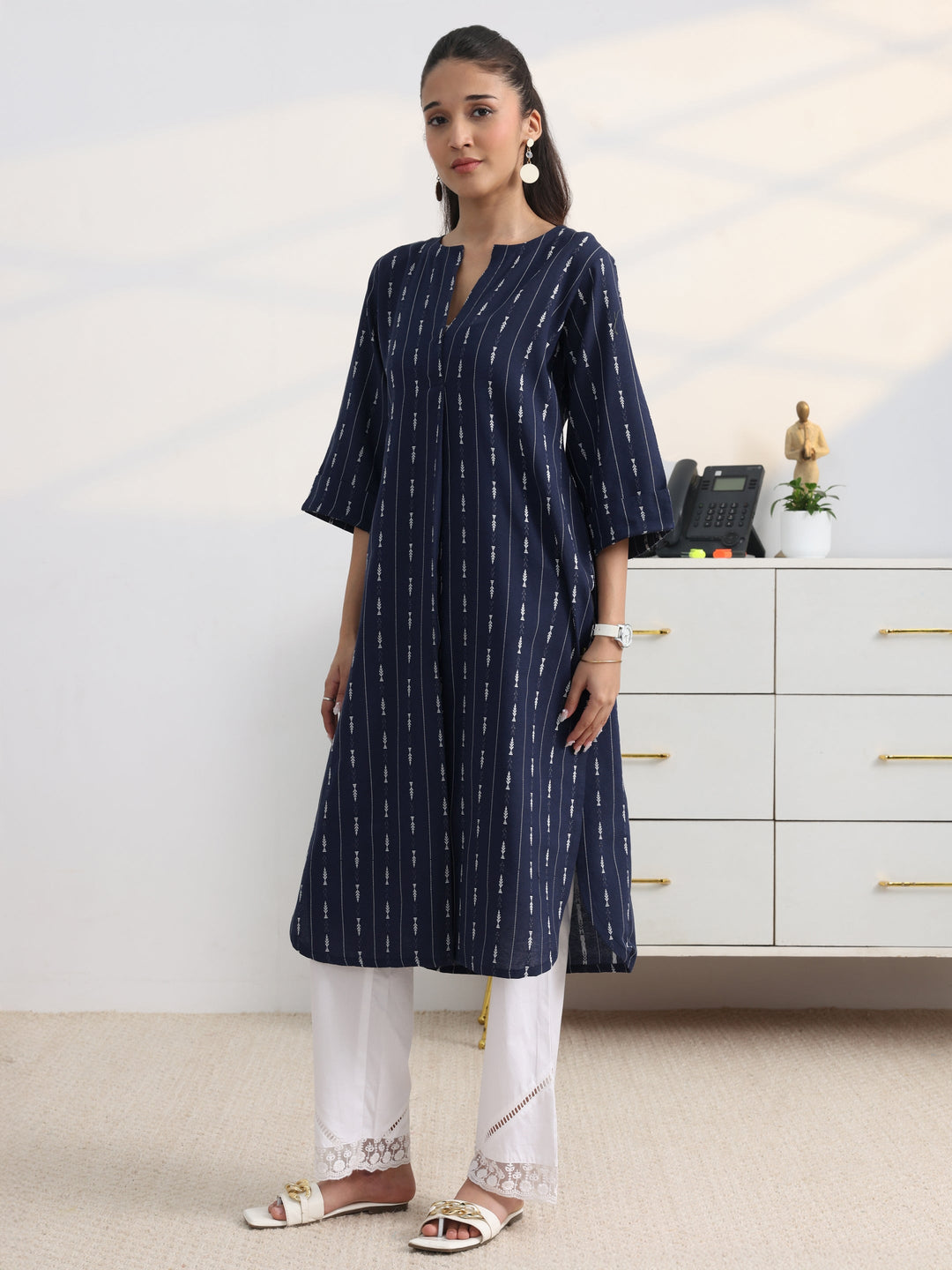 Navy Woven Design Cotton Blend Straight Kurta
