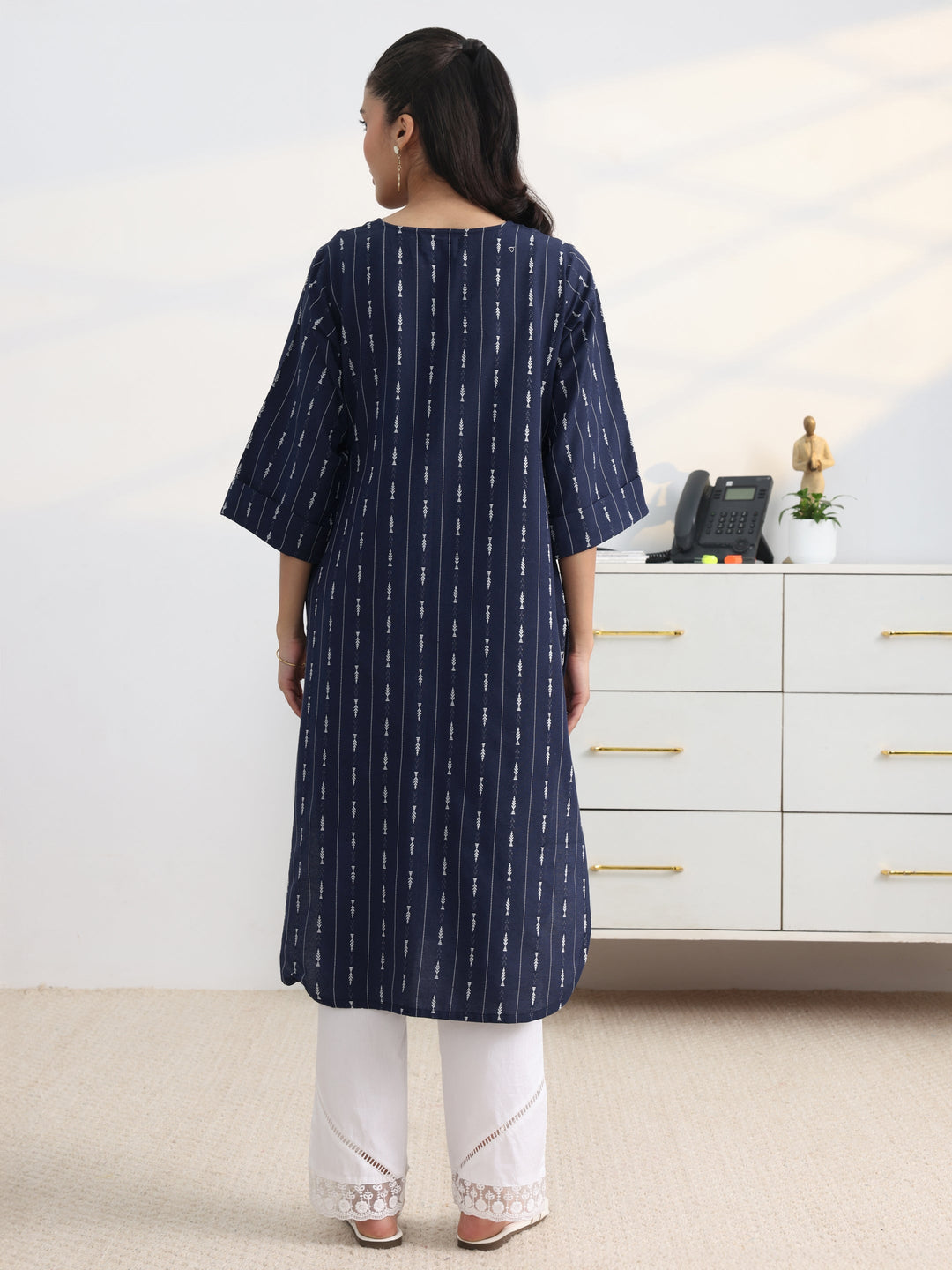 Navy Woven Design Cotton Blend Straight Kurta