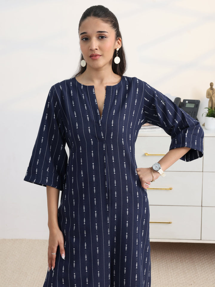 Navy Woven Design Cotton Blend Straight Kurta