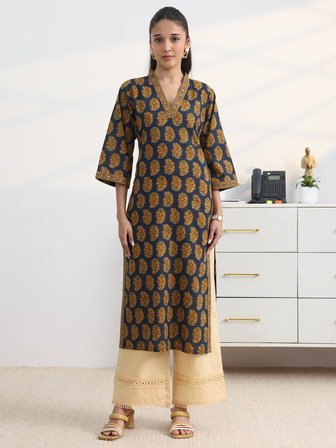 Navy Paisley Printed Cotton Blend Straight Kurta