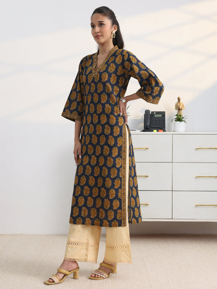 Navy Paisley Printed Cotton Blend Straight Kurta
