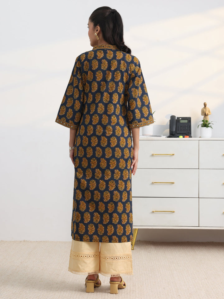 Navy Paisley Printed Cotton Blend Straight Kurta