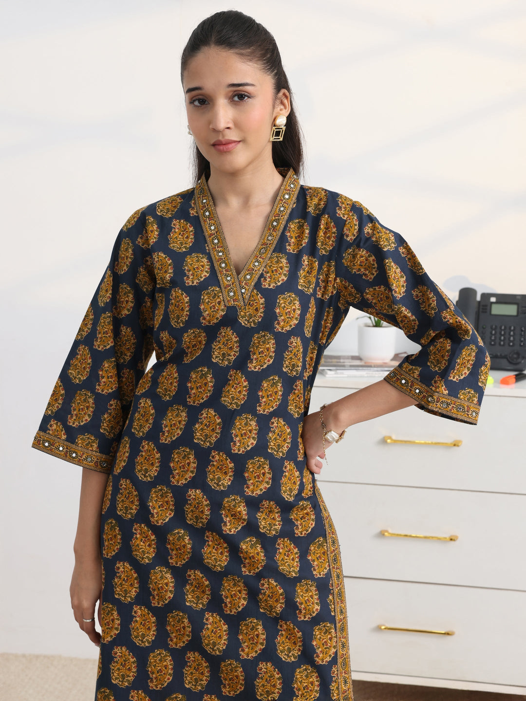 Navy Paisley Printed Cotton Blend Straight Kurta
