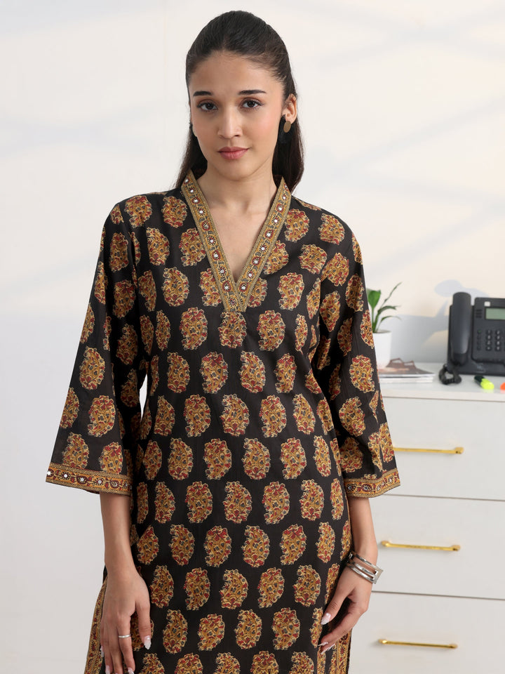 Black Paisley Printed Cotton Blend Straight Kurta
