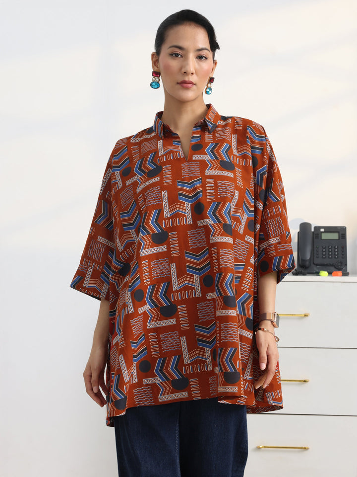 Rust Ethnic Printed Cotton Shirt