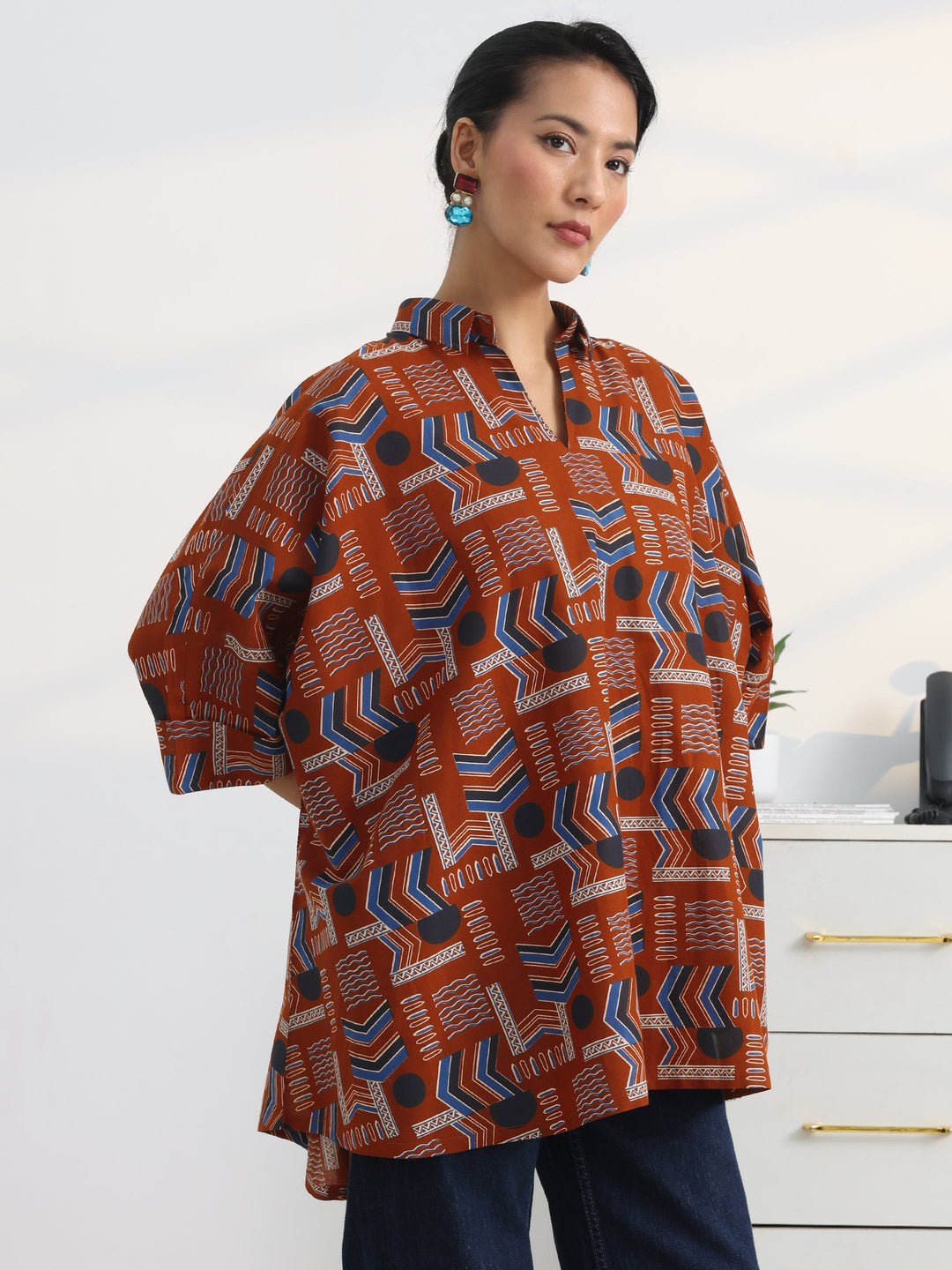 Rust Ethnic Printed Cotton Shirt