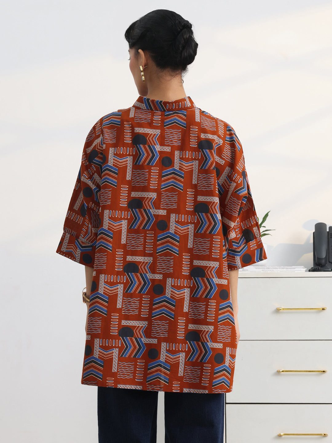 Rust Ethnic Printed Cotton Shirt