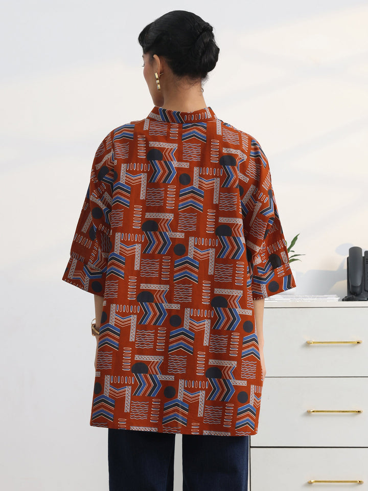 Rust Ethnic Printed Cotton Shirt