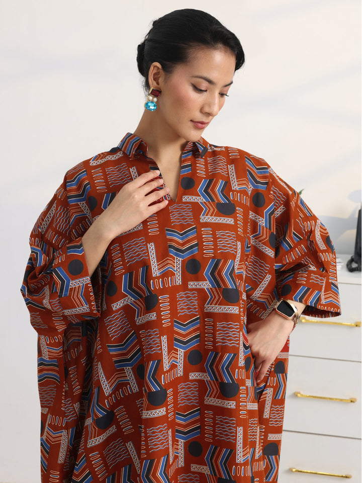 Rust Ethnic Printed Cotton Shirt