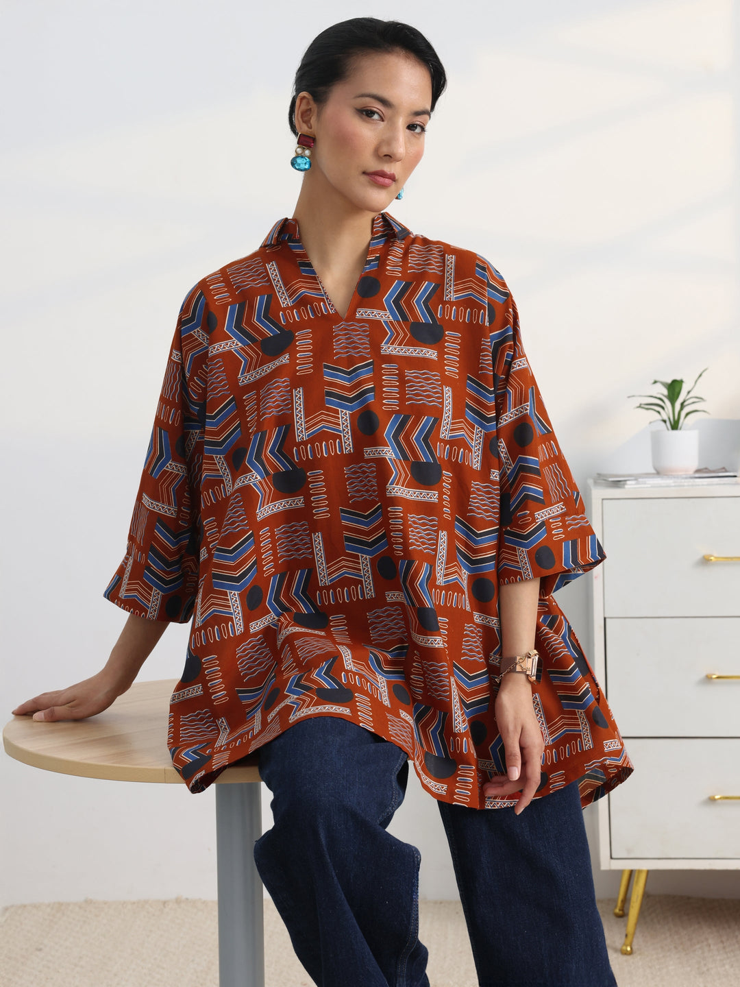 Rust Ethnic Printed Cotton Shirt