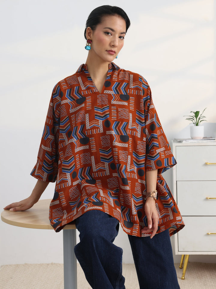 Rust Ethnic Printed Cotton Shirt