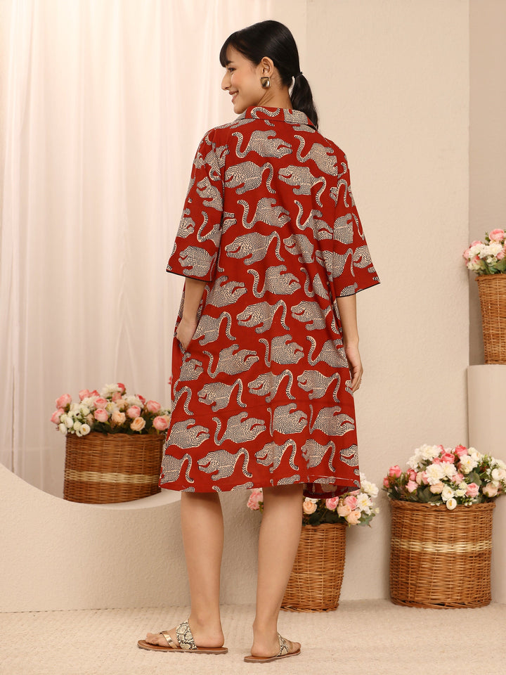 Rust Animal Printed Cotton Blend Shirt Dress With Waistbelt