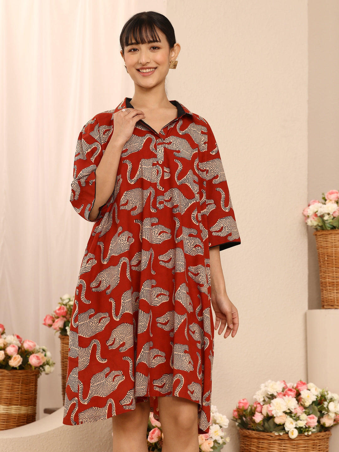 Rust Animal Printed Cotton Blend Shirt Dress With Waistbelt