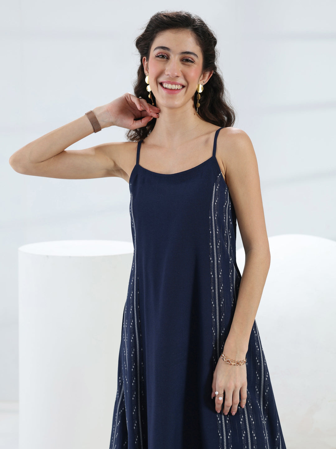 Blue Ethnic Woven Design Cotton Blend A-Line One Piece Dress