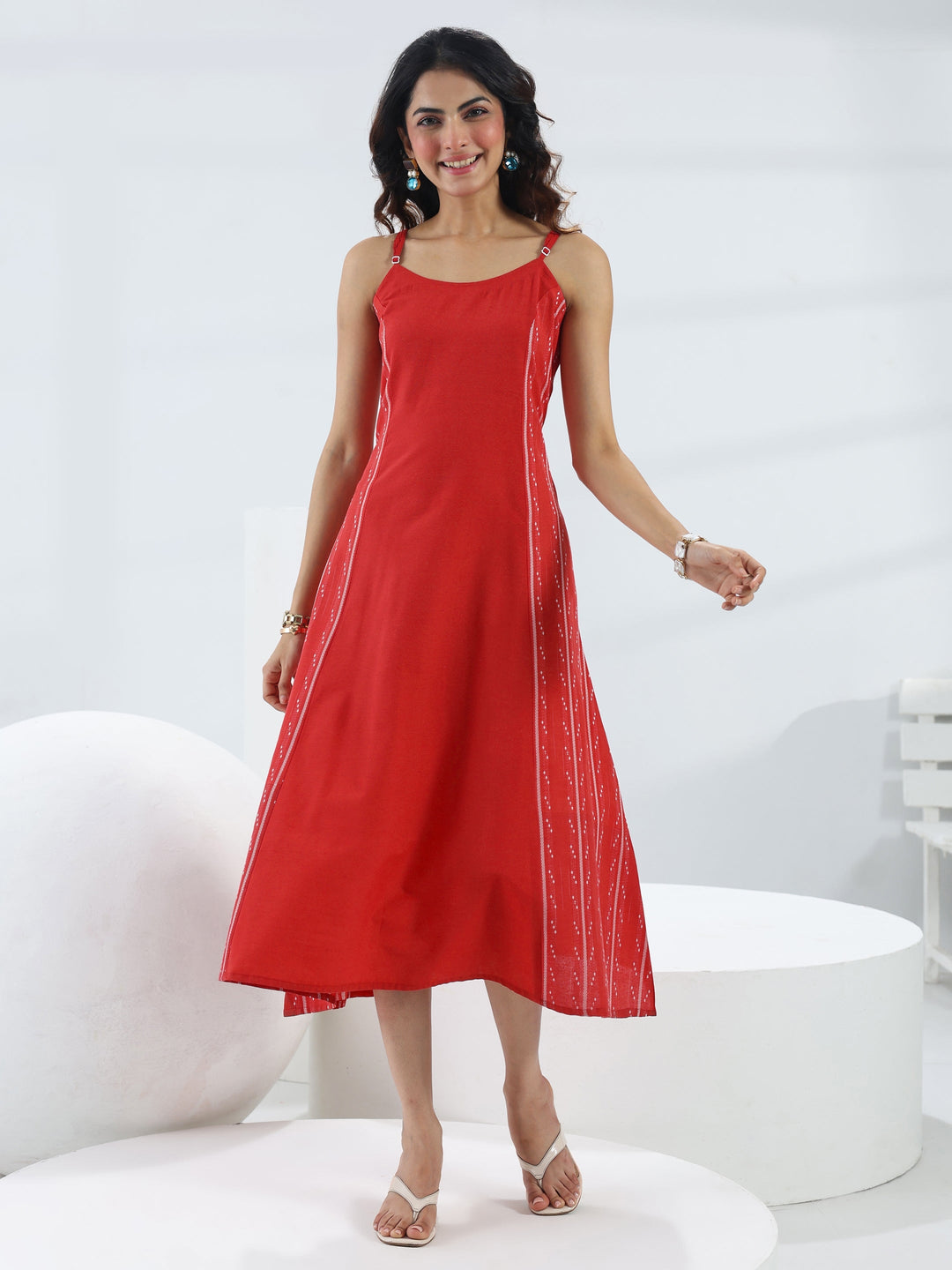 Red Ethnic Woven Design Cotton Blend A-Line One Piece Dress