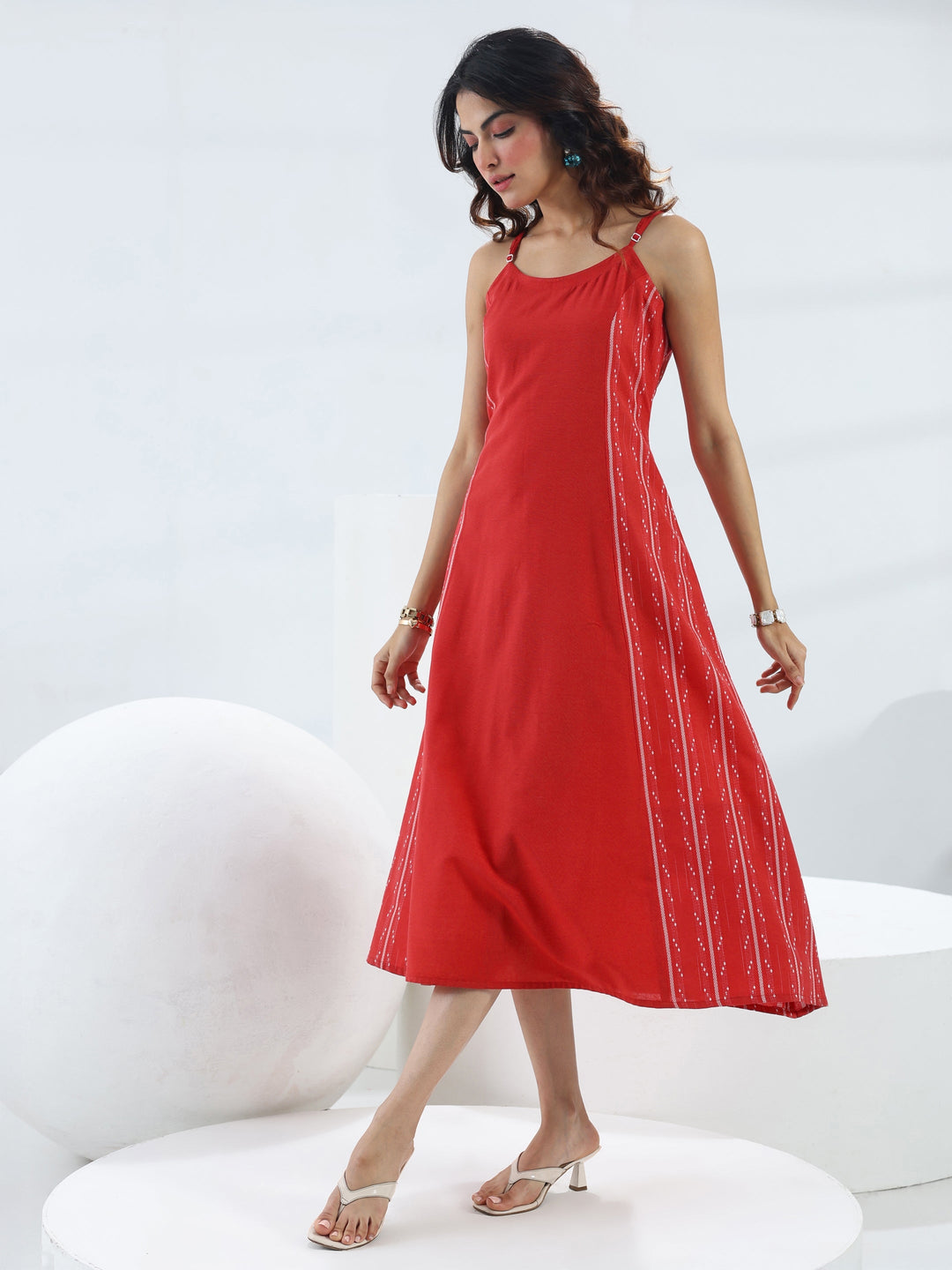 Red Ethnic Woven Design Cotton Blend A-Line One Piece Dress