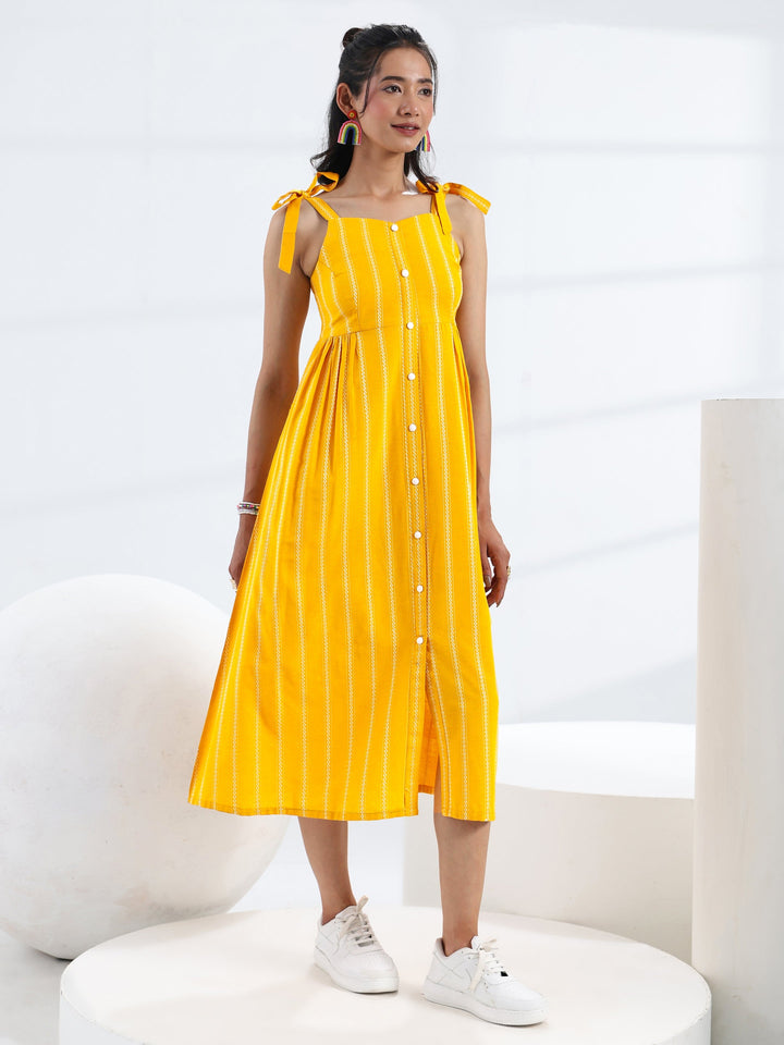 Yellow Striped Woven Design Cotton Blend A-Line One Piece Dress