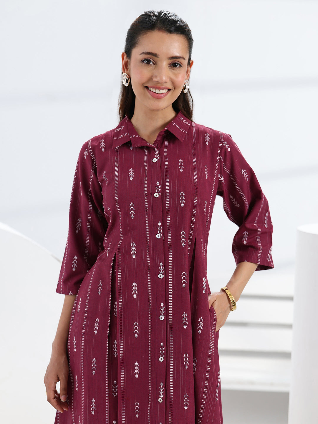 Maroon Ethnic Motif Woven Design Cotton Blend A-Line One Piece Dress