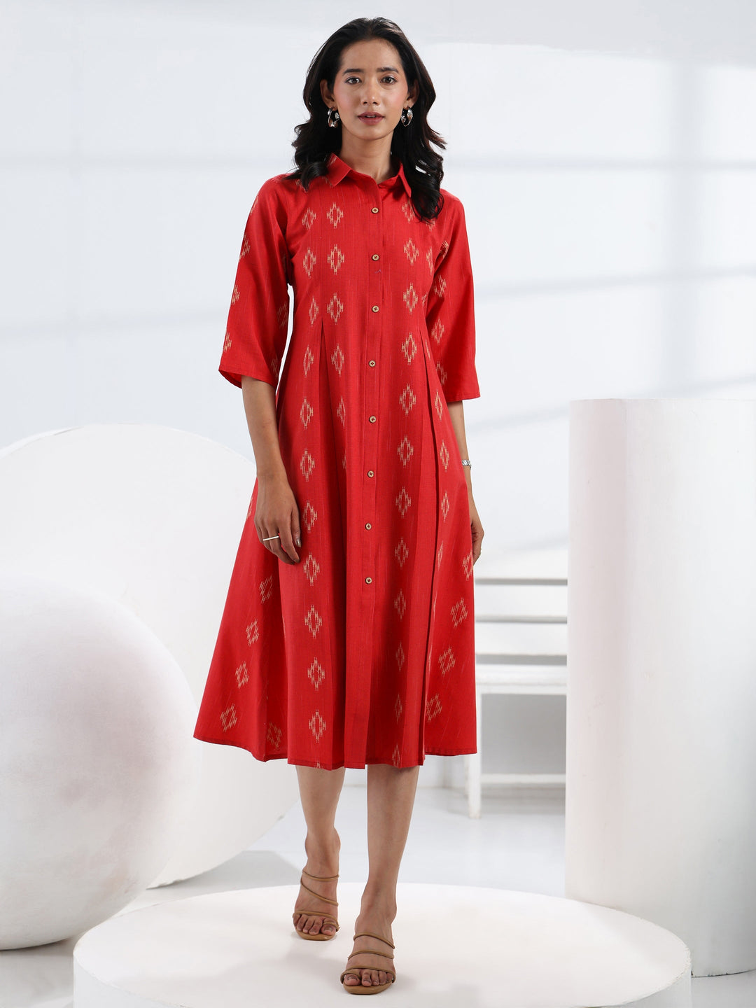 Red Ethnic Motif Woven Design Cotton Blend A-Line One Piece Dress