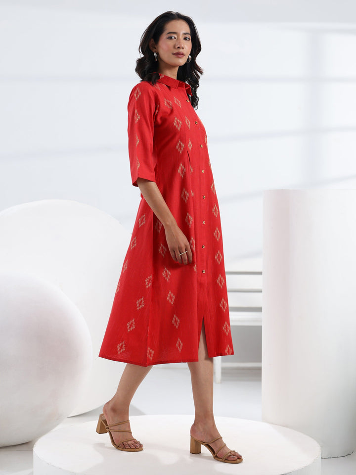 Red Ethnic Motif Woven Design Cotton Blend A-Line One Piece Dress