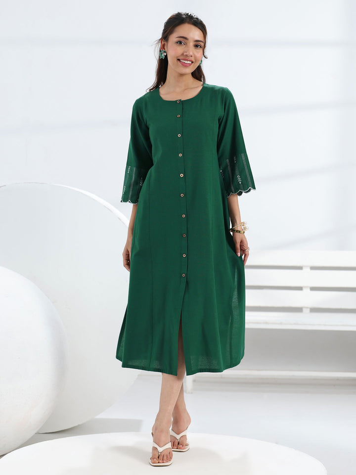 Green Solid Cotton Blend A-Line One Piece Dress