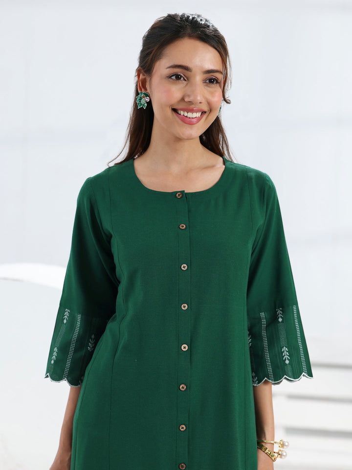 Green Solid Cotton Blend A-Line One Piece Dress