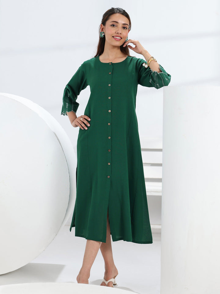 Green Solid Cotton Blend A-Line One Piece Dress