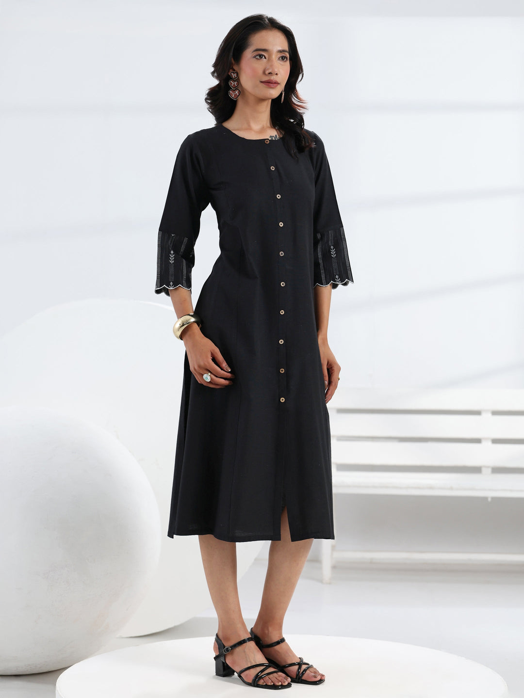 Black Solid Cotton Blend A-Line One Piece Dress