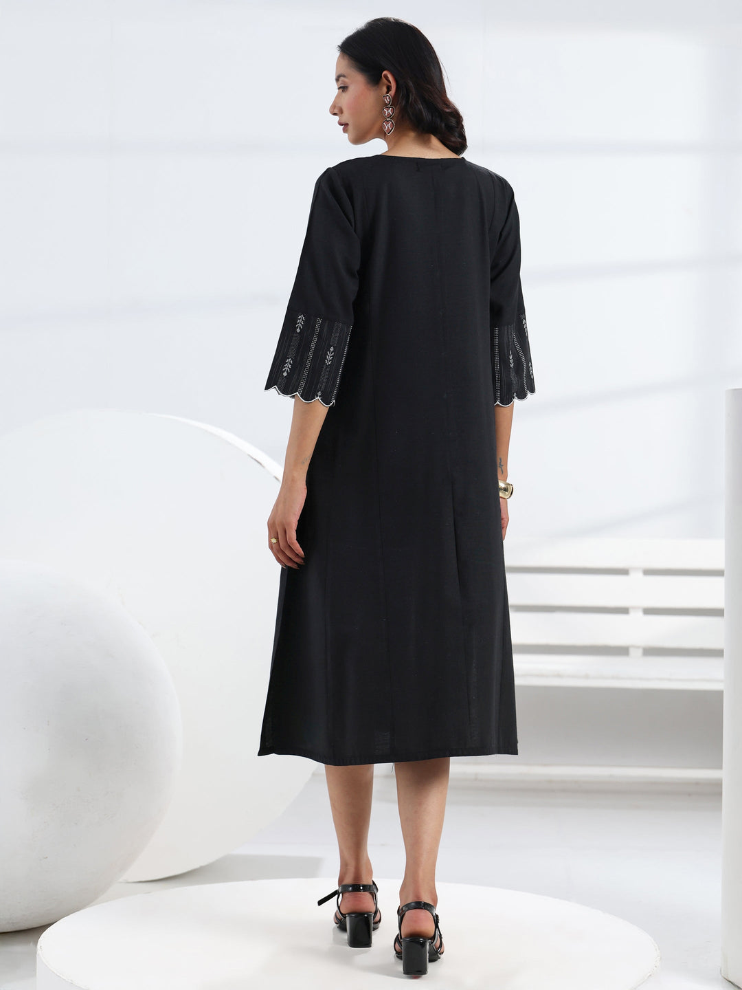 Black Solid Cotton Blend A-Line One Piece Dress