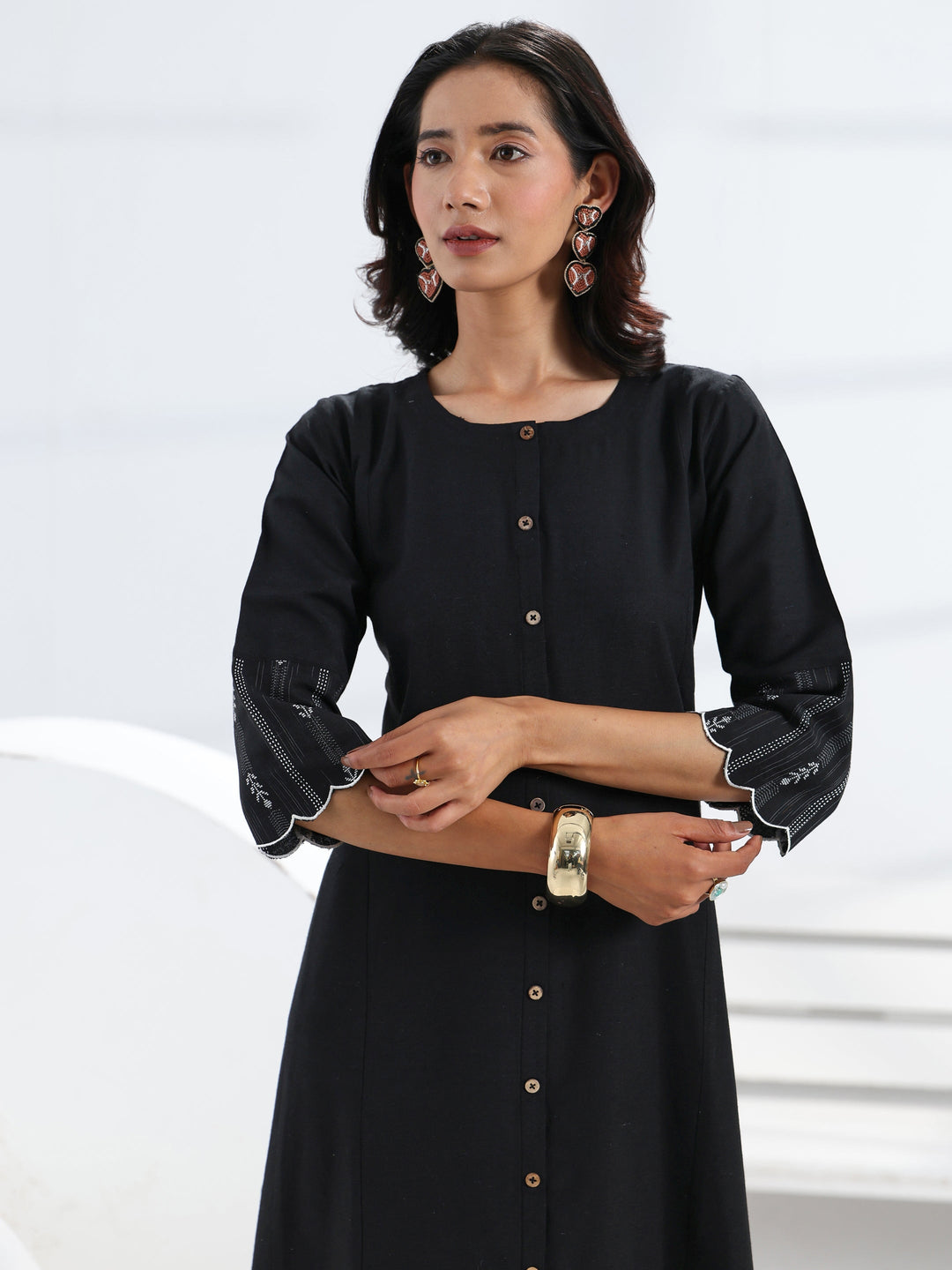 Black Solid Cotton Blend A-Line One Piece Dress