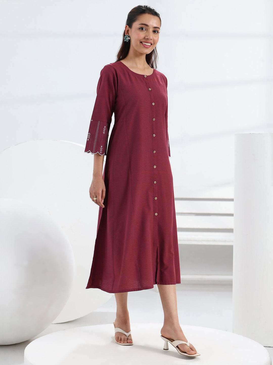 Maroon Solid Cotton Blend A-Line One Piece Dress